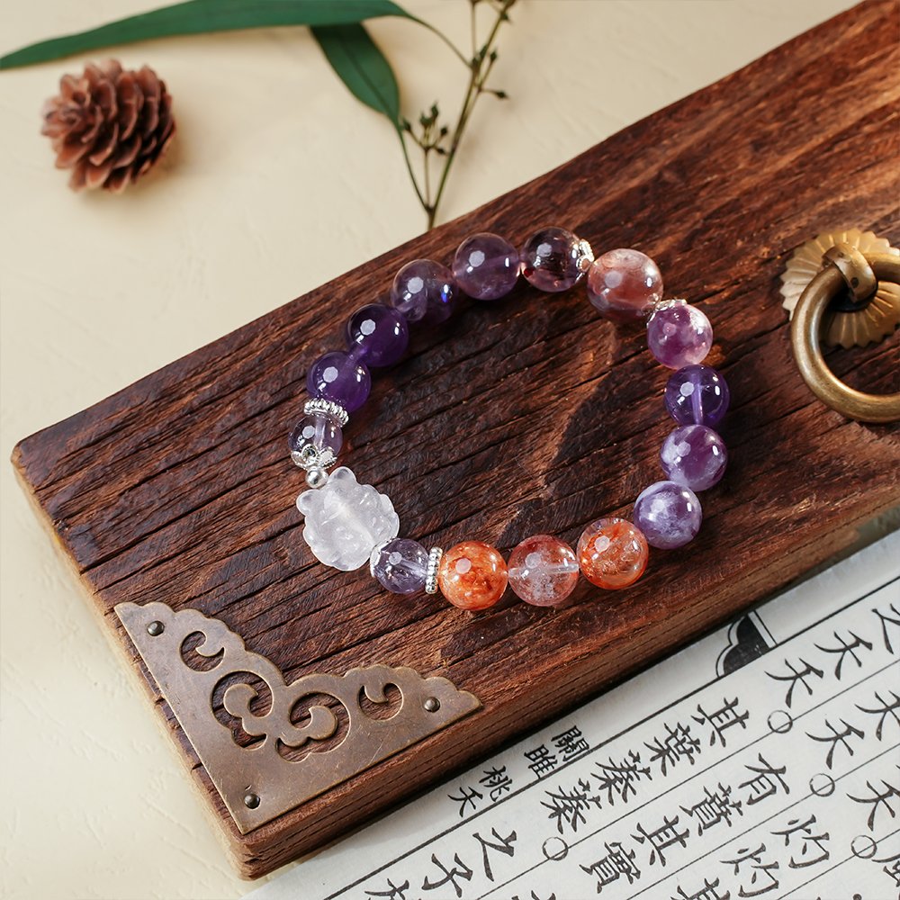 Purple Multi-Gem Rose Quartz Fox Bracelet,TS-110,amethyst bracelet,purple phantom quartz bracelet,lepidolite bracelet,rose quartz fox bracelet,crystal bracelet gift,elegant crystal jewelry