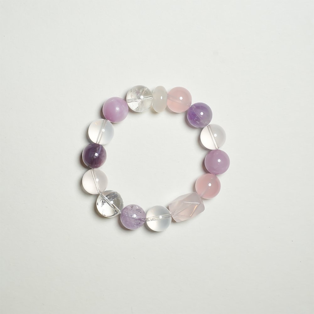 purple white crystal bracelet,multi gem crystal bracelet,amethyst kunzite lepidolite bracelet,rose quartz white phantom bracelet,white azeztulite bracelet,clear thought crystal bracelet,symbolic crystal jewelry,purple crystal bracelet,TS-129 bracelet