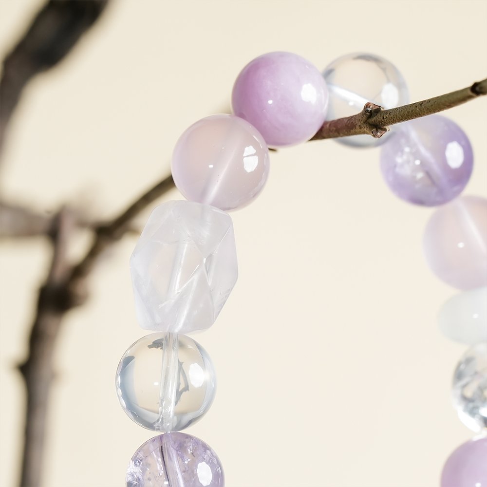 purple white crystal bracelet,multi gem crystal bracelet,amethyst kunzite lepidolite bracelet,rose quartz white phantom bracelet,white azeztulite bracelet,clear thought crystal bracelet,symbolic crystal jewelry,purple crystal bracelet,TS-129 bracelet