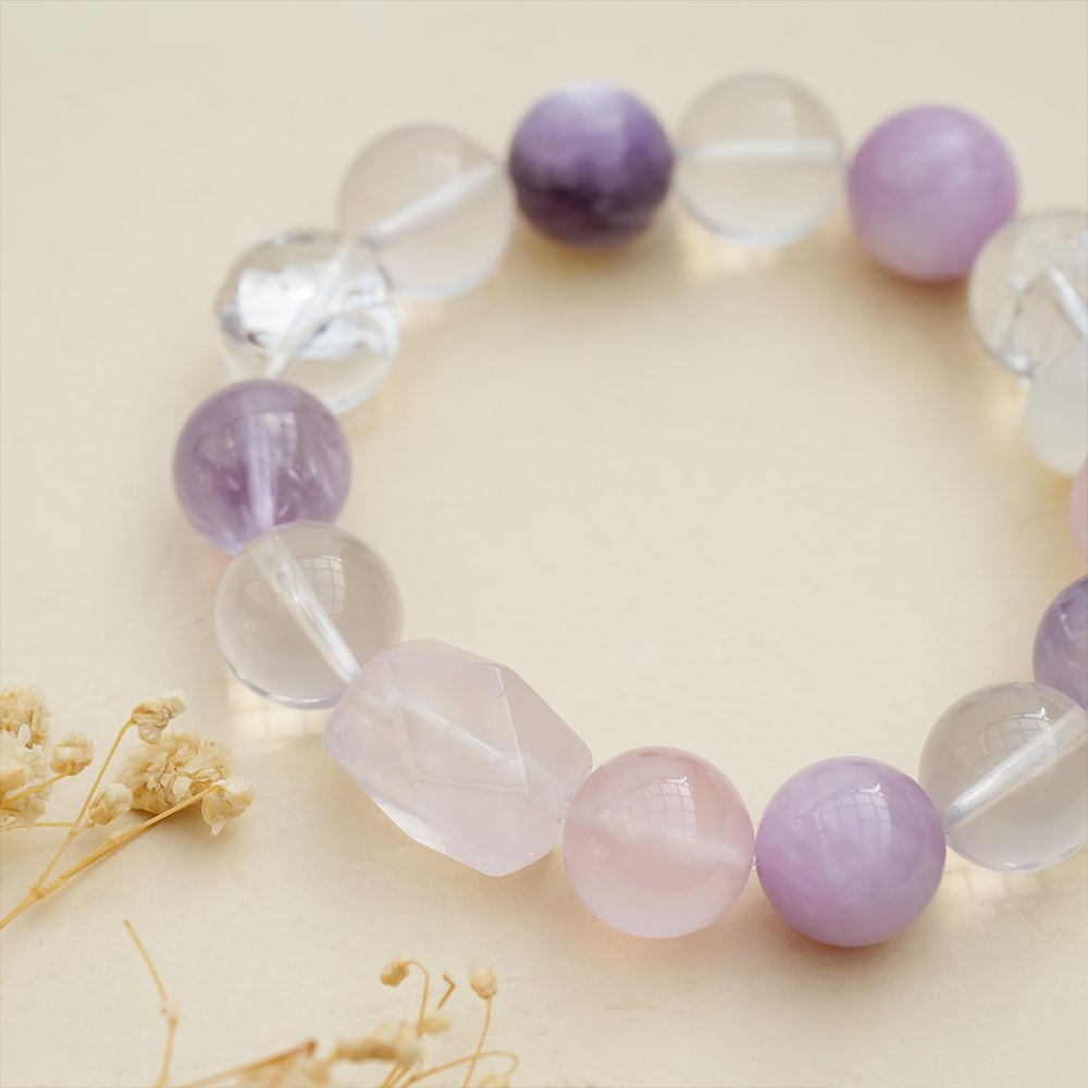 purple white crystal bracelet,multi gem crystal bracelet,amethyst kunzite lepidolite bracelet,rose quartz white phantom bracelet,white azeztulite bracelet,clear thought crystal bracelet,symbolic crystal jewelry,purple crystal bracelet,TS-129 bracelet