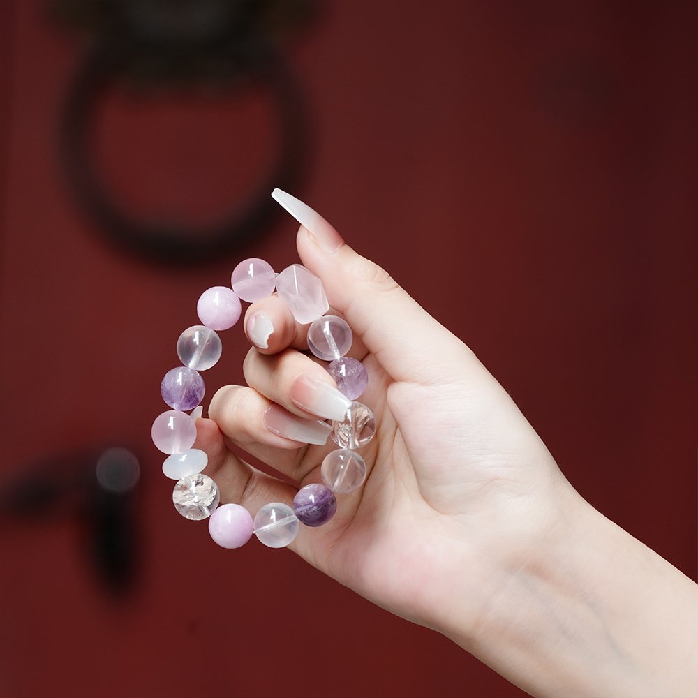 purple white crystal bracelet,multi gem crystal bracelet,amethyst kunzite lepidolite bracelet,rose quartz white phantom bracelet,white azeztulite bracelet,clear thought crystal bracelet,symbolic crystal jewelry,purple crystal bracelet,TS-129 bracelet