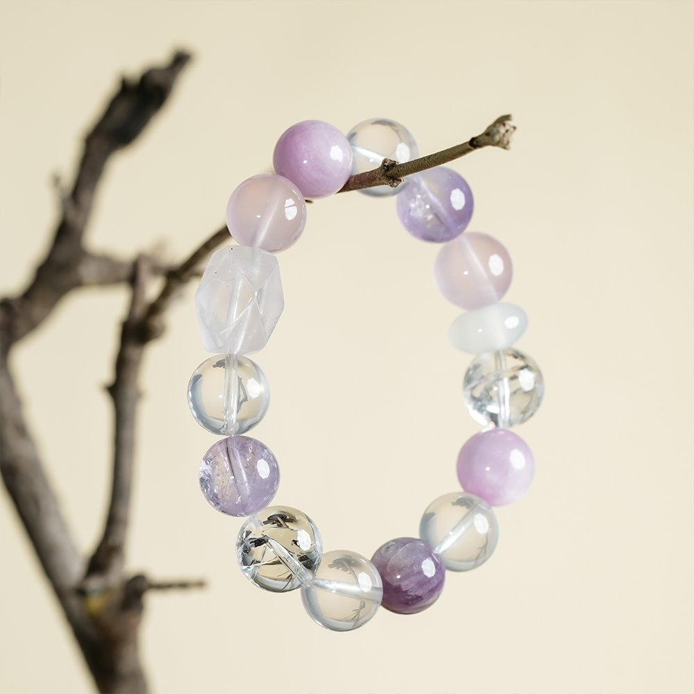 purple white crystal bracelet,multi gem crystal bracelet,amethyst kunzite lepidolite bracelet,rose quartz white phantom bracelet,white azeztulite bracelet,clear thought crystal bracelet,symbolic crystal jewelry,purple crystal bracelet,TS-129 bracelet