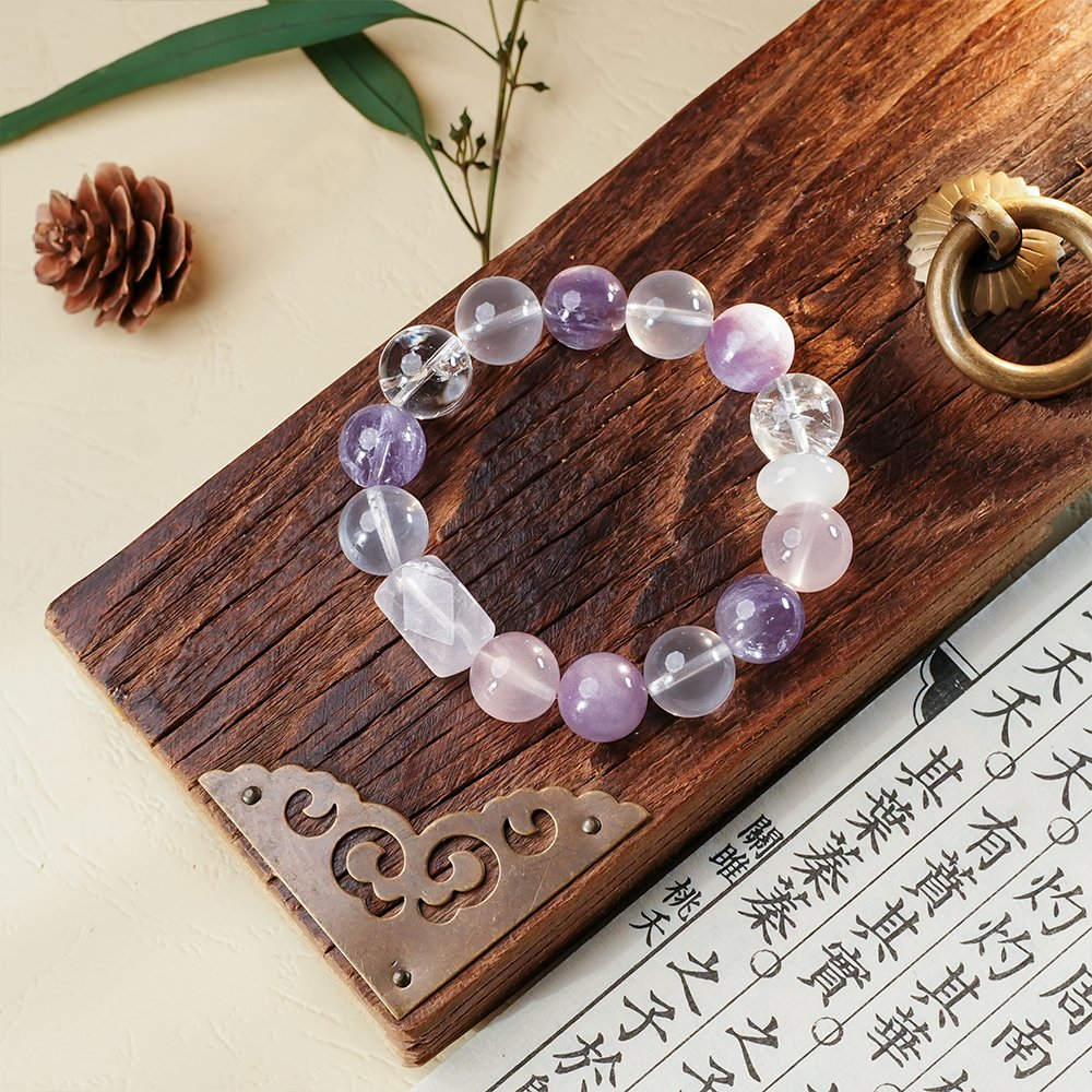 purple white crystal bracelet,multi gem crystal bracelet,amethyst kunzite lepidolite bracelet,rose quartz white phantom bracelet,white azeztulite bracelet,clear thought crystal bracelet,symbolic crystal jewelry,purple crystal bracelet,TS-129 bracelet