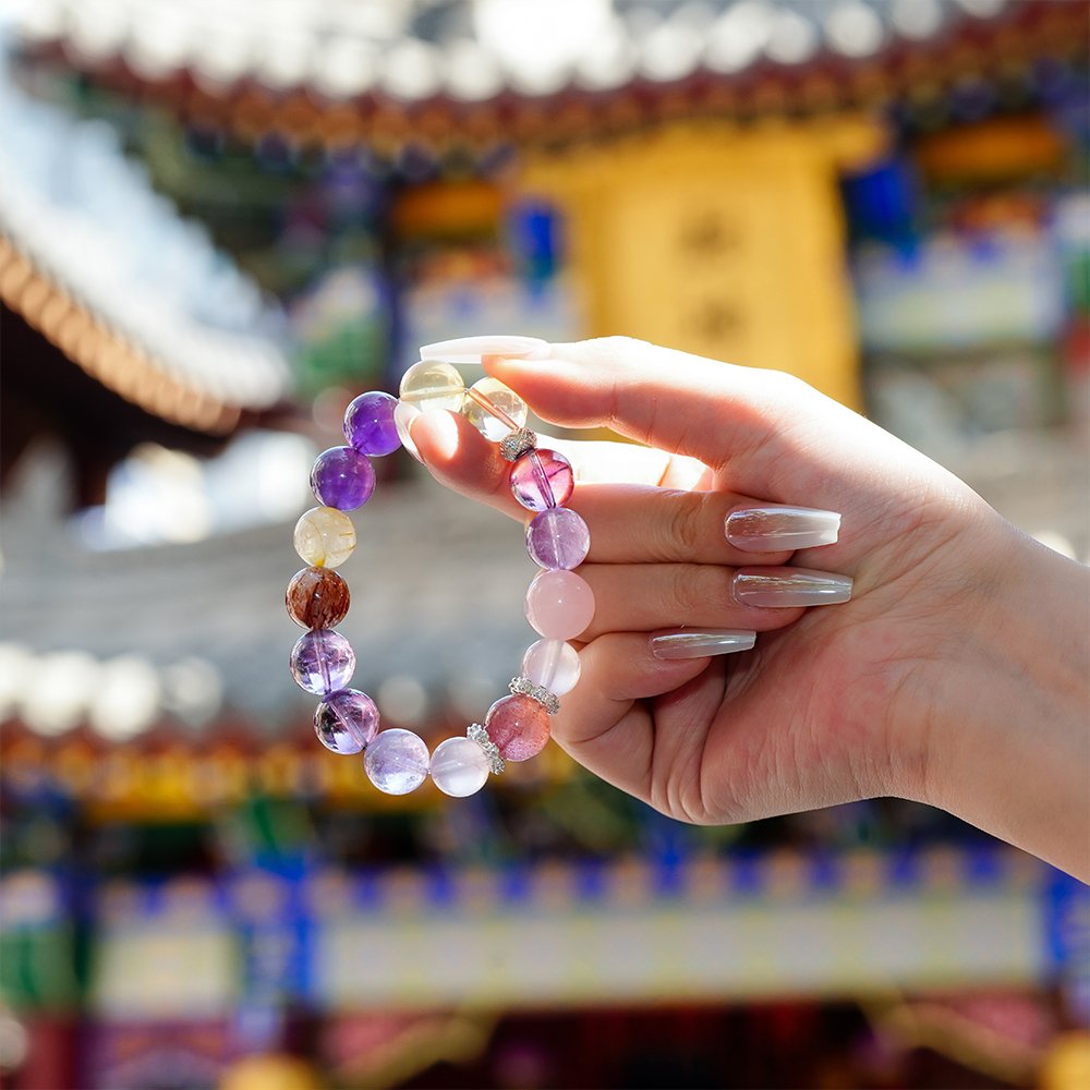 Chinese Zodiac Rat bracelet,zodiac rat crystal bracelet,career minded crystal bracelet,rose quartz amethyst citrine bracelet,golden rutilated quartz bracelet,black gold super seven bracelet,strawberry quartz bracelet,symbolic crystal jewelry,TS-127 bracelet