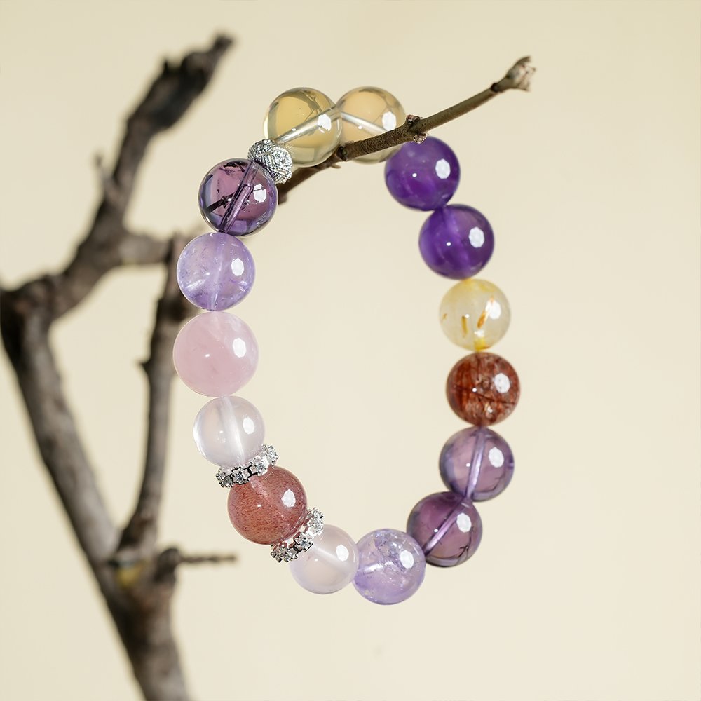 Chinese Zodiac Rat bracelet,zodiac rat crystal bracelet,career minded crystal bracelet,rose quartz amethyst citrine bracelet,golden rutilated quartz bracelet,black gold super seven bracelet,strawberry quartz bracelet,symbolic crystal jewelry,TS-127 bracelet