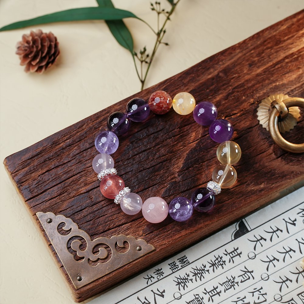 Chinese Zodiac Rat bracelet,zodiac rat crystal bracelet,career minded crystal bracelet,rose quartz amethyst citrine bracelet,golden rutilated quartz bracelet,black gold super seven bracelet,strawberry quartz bracelet,symbolic crystal jewelry,TS-127 bracelet