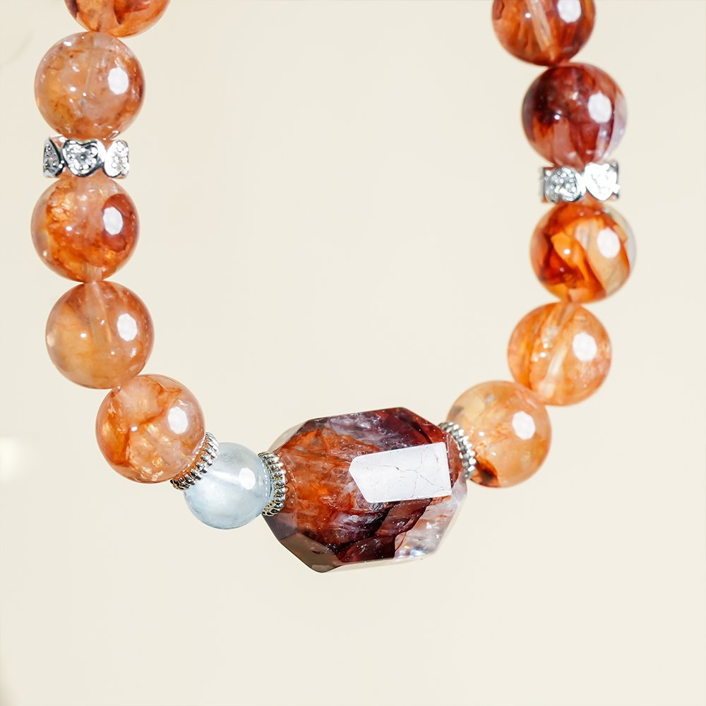red garden quartz bracelet,aquamarine crystal bracelet,red garden quartz aquamarine bracelet,positive intention crystal bracelet,red crystal bracelet,freeform crystal bracelet,communication symbolism bracelet,crystal jewelry gift,TS-118 bracelet