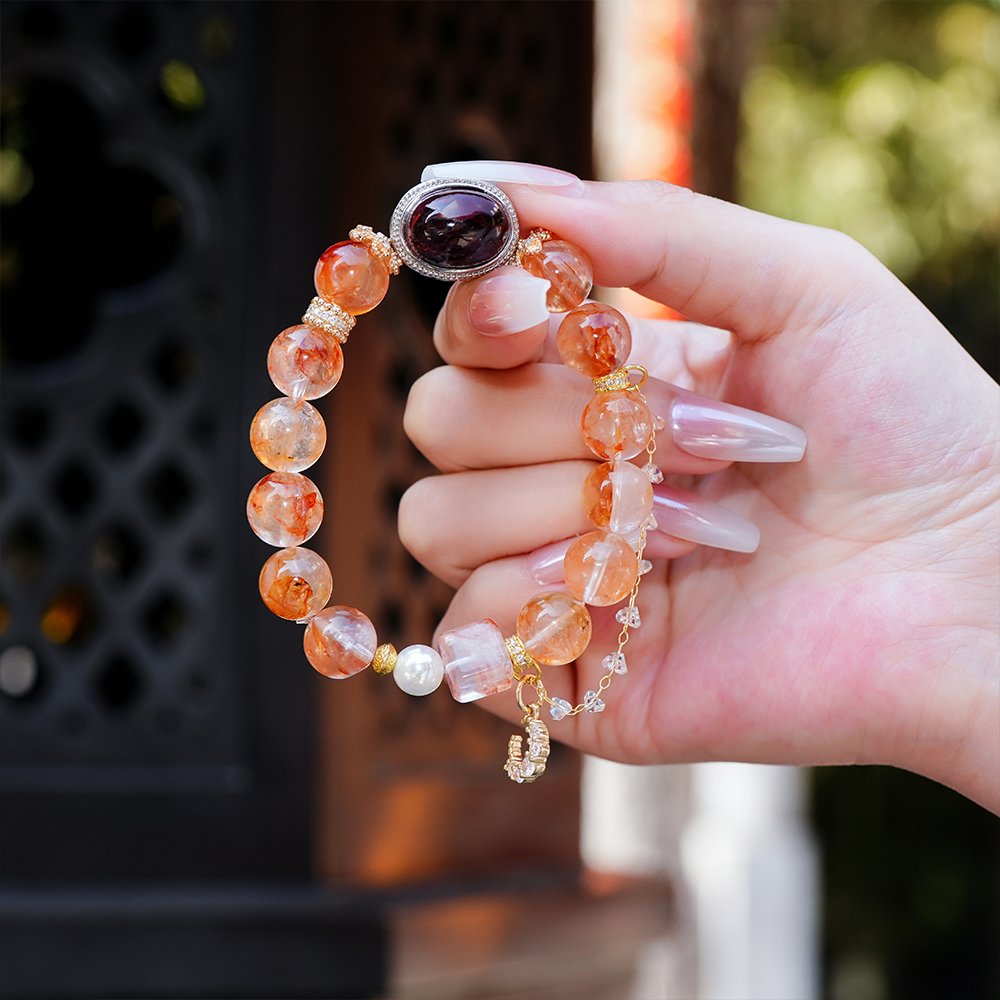 red garden quartz bracelet,red phantom quartz bracelet,clear thinking crystal bracelet,red crystal bracelet,garden quartz cube bracelet,shell pearl crystal bracelet,meaningful crystal jewelry,red quartz bracelet gift,TS-117 bracelet