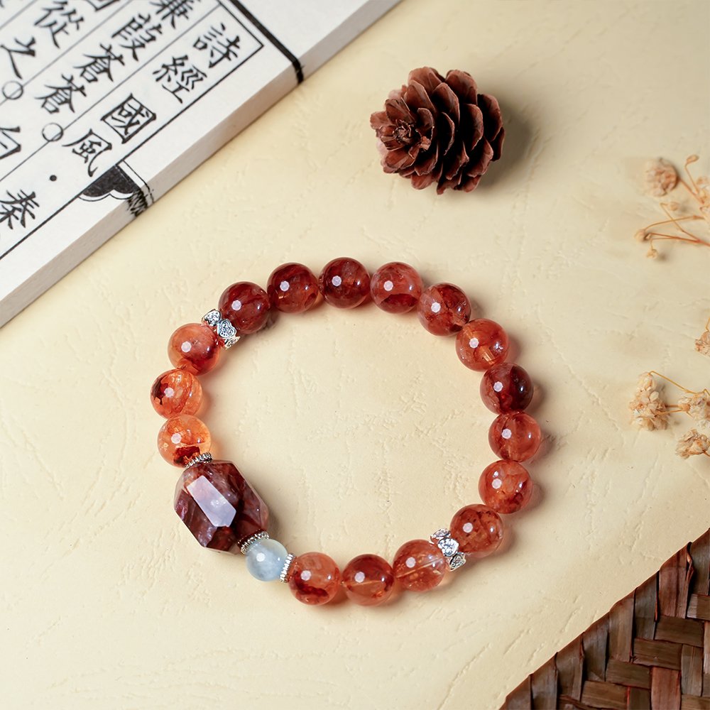 red garden quartz bracelet,aquamarine crystal bracelet,red garden quartz aquamarine bracelet,positive intention crystal bracelet,red crystal bracelet,freeform crystal bracelet,communication symbolism bracelet,crystal jewelry gift,TS-118 bracelet