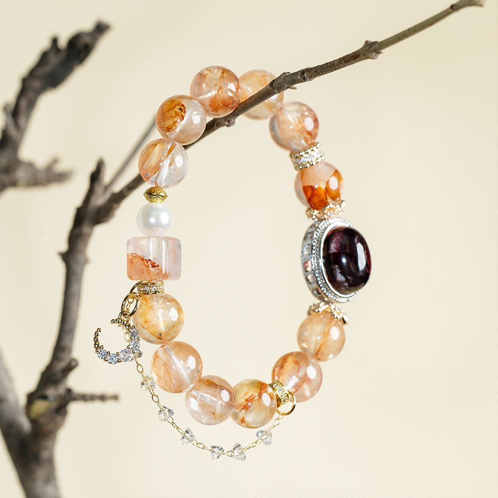 red garden quartz bracelet,red phantom quartz bracelet,clear thinking crystal bracelet,red crystal bracelet,garden quartz cube bracelet,shell pearl crystal bracelet,meaningful crystal jewelry,red quartz bracelet gift,TS-117 bracelet