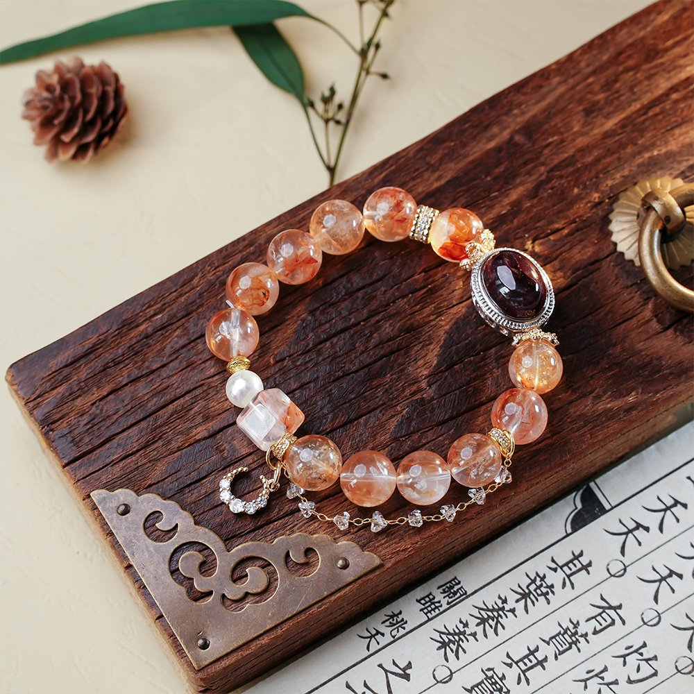 red garden quartz bracelet,red phantom quartz bracelet,clear thinking crystal bracelet,red crystal bracelet,garden quartz cube bracelet,shell pearl crystal bracelet,meaningful crystal jewelry,red quartz bracelet gift,TS-117 bracelet