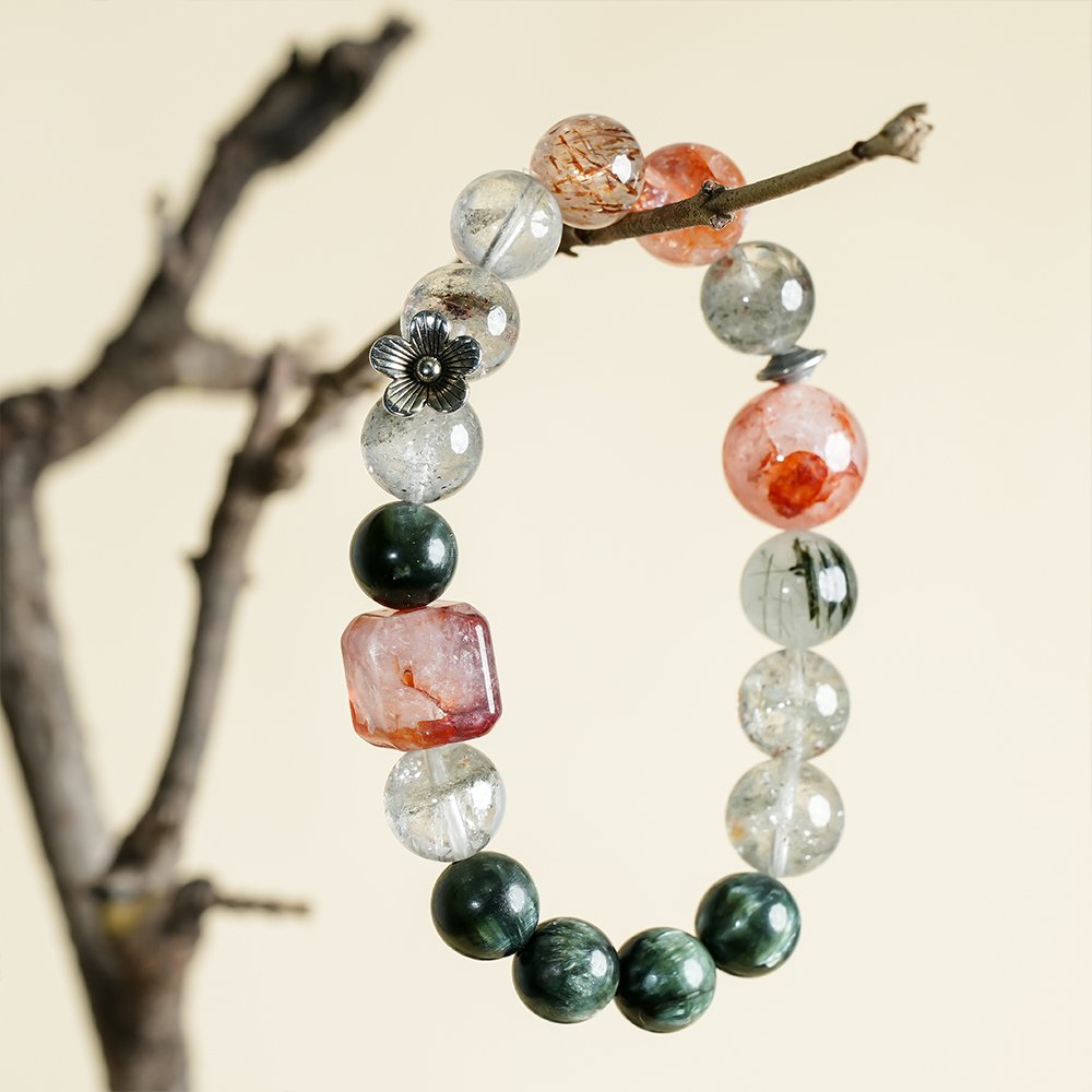red green multi gem crystal bracelet,red garden quartz bracelet,green phantom quartz bracelet,green rutilated quartz bracelet,black gold super seven bracelet,spiritual reflection crystal bracelet,career minded crystal bracelet,decision clarity bracelet,symbolic crystal jewelry,TS-131 bracelet