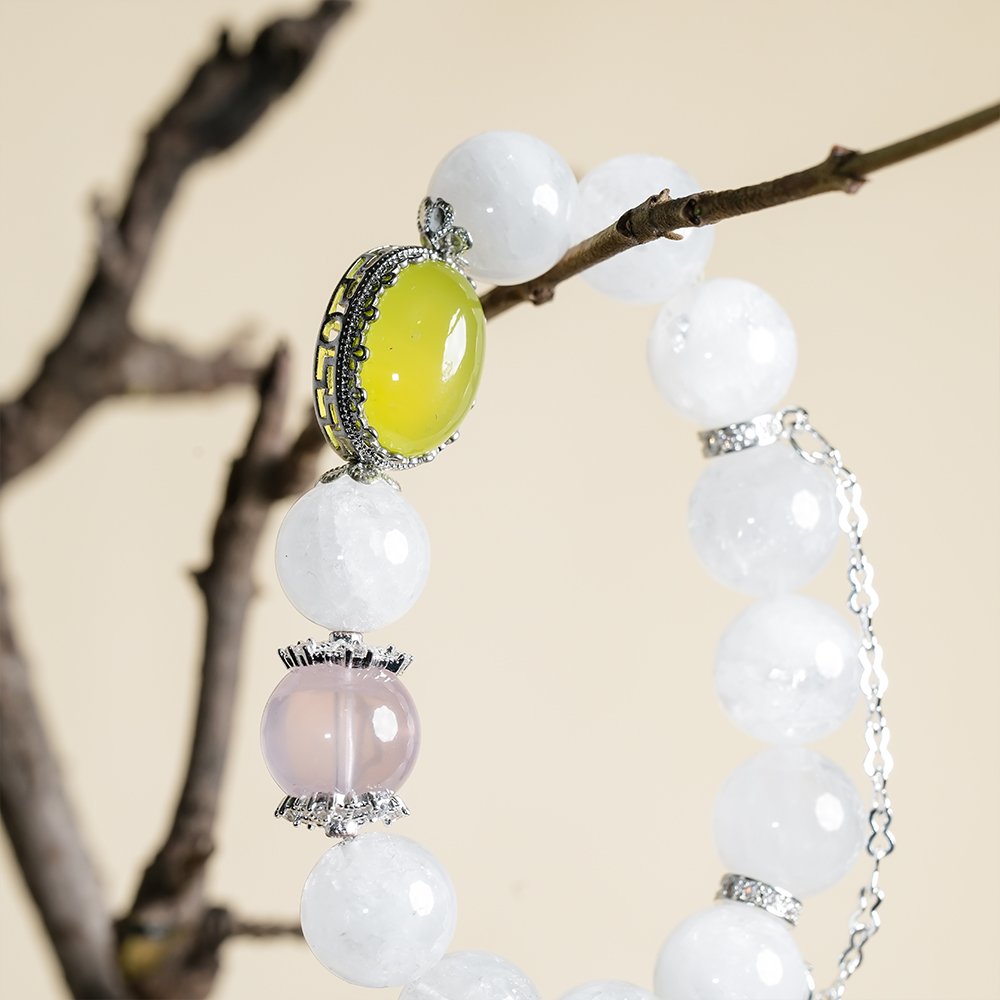 white phantom quartz bracelet,rose quartz green chalcedony bracelet,confidence crystal bracelet,green chalcedony bracelet,rose quartz bracelet,white phantom bracelet,spring style crystal bracelet,cube focal bead bracelet,symbolic crystal jewelry,TS-122 bracelet