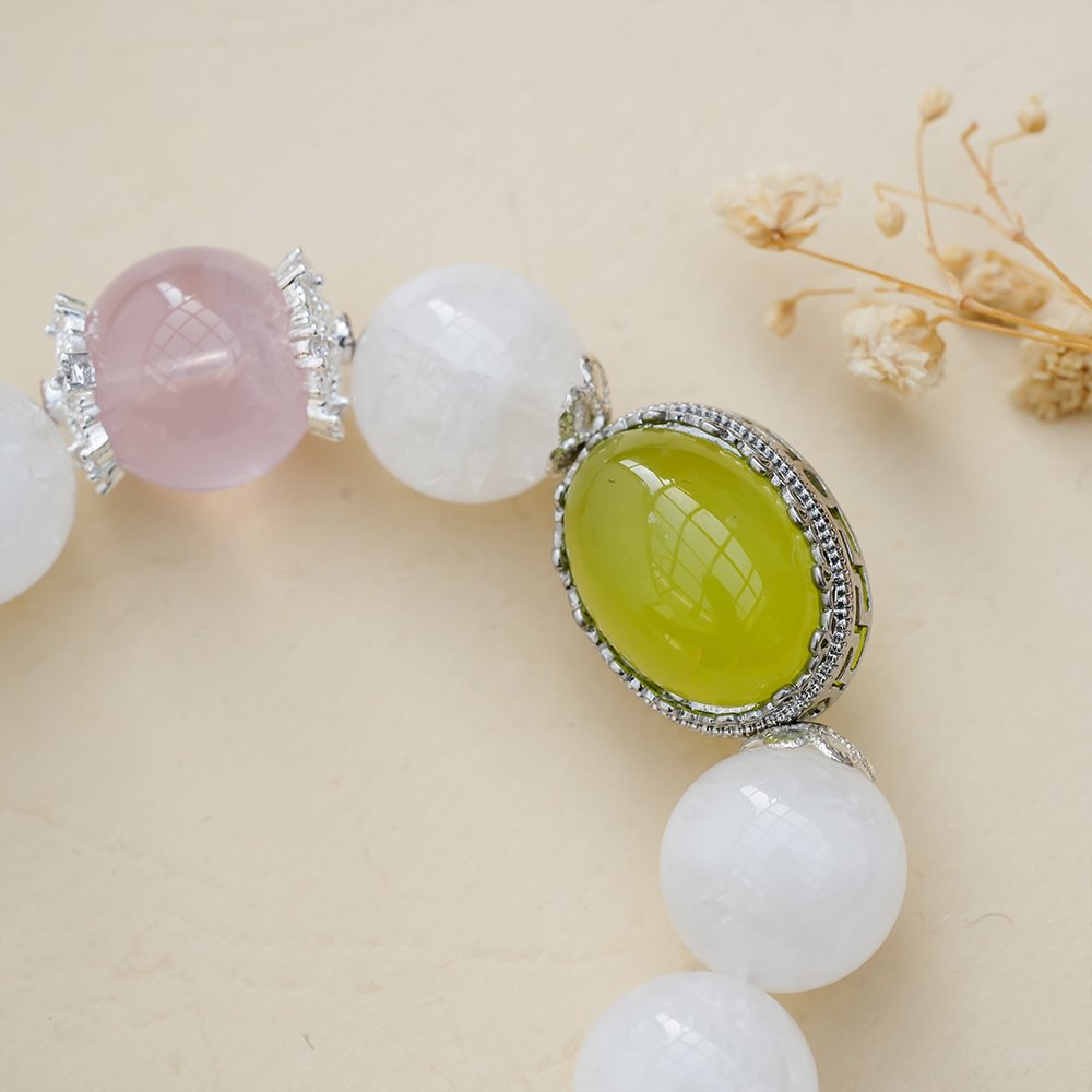 white phantom quartz bracelet,rose quartz green chalcedony bracelet,confidence crystal bracelet,green chalcedony bracelet,rose quartz bracelet,white phantom bracelet,spring style crystal bracelet,cube focal bead bracelet,symbolic crystal jewelry,TS-122 bracelet