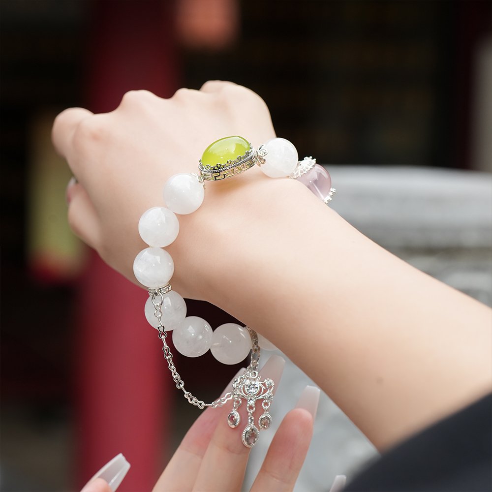 white phantom quartz bracelet,rose quartz green chalcedony bracelet,confidence crystal bracelet,green chalcedony bracelet,rose quartz bracelet,white phantom bracelet,spring style crystal bracelet,cube focal bead bracelet,symbolic crystal jewelry,TS-122 bracelet