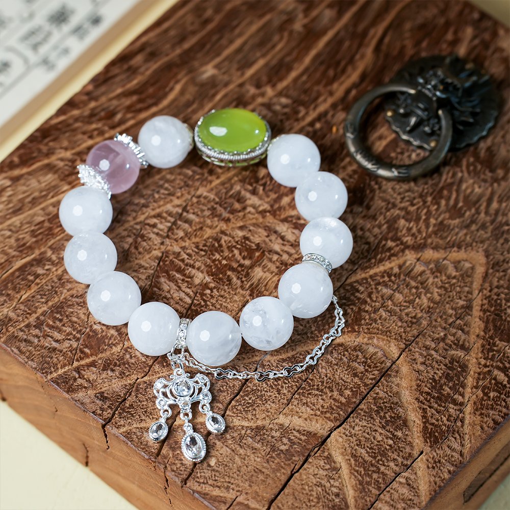 white phantom quartz bracelet,rose quartz green chalcedony bracelet,confidence crystal bracelet,green chalcedony bracelet,rose quartz bracelet,white phantom bracelet,spring style crystal bracelet,cube focal bead bracelet,symbolic crystal jewelry,TS-122 bracelet