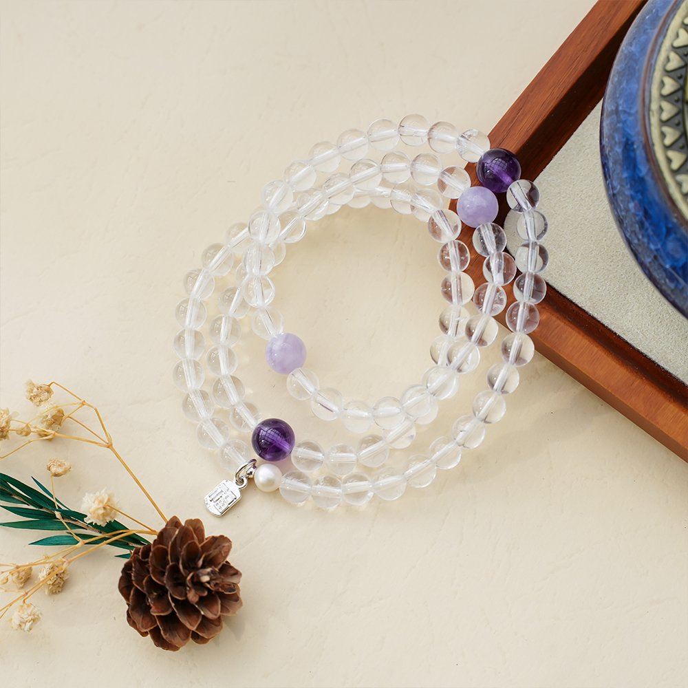 clear quartz amethyst bracelet,clear thinking crystal bracelet,minimalist crystal bracelet,white crystal purple crystal bracelet,amethyst bracelet for daily wear,clear quartz bracelet,shell pearl crystal bracelet,symbolic cleansing bracelet,focus symbolism bracelet,TS-209 bracelet