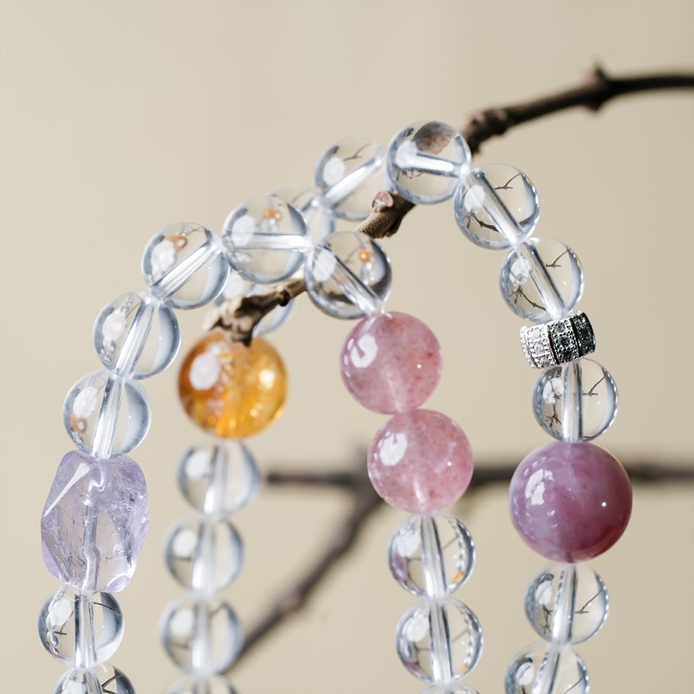clear quartz multi wrap bracelet,clear quartz multi gem bracelet,cleansing clarity crystal bracelet,white crystal bracelet,aquamarine strawberry quartz bracelet,yellow phantom quartz bracelet,amethyst accent bracelet,multi wrap crystal bracelet,symbolic crystal jewelry,TS-206 bracelet