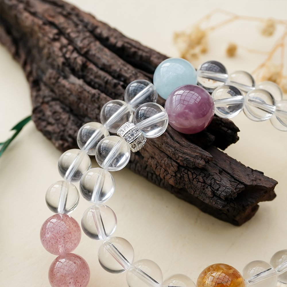 clear quartz multi wrap bracelet,clear quartz multi gem bracelet,cleansing clarity crystal bracelet,white crystal bracelet,aquamarine strawberry quartz bracelet,yellow phantom quartz bracelet,amethyst accent bracelet,multi wrap crystal bracelet,symbolic crystal jewelry,TS-206 bracelet