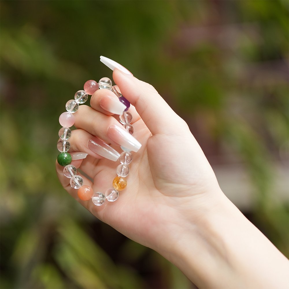 clear quartz multi gem bracelet,amplified intention crystal bracelet,white quartz bracelet,aquamarine citrine amethyst bracelet,rose quartz strawberry quartz bracelet,sunstone Hetian jade bracelet,multi stone crystal bracelet,crystal jewelry gift,TS-112 bracelet