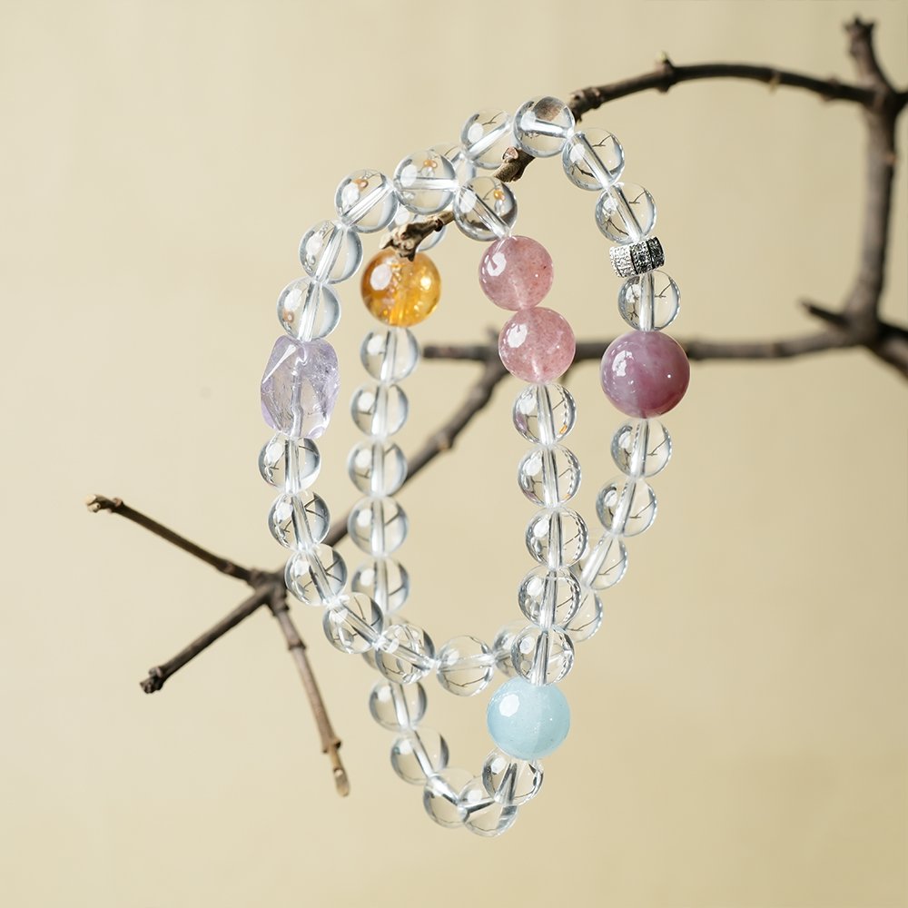 clear quartz multi wrap bracelet,clear quartz multi gem bracelet,cleansing clarity crystal bracelet,white crystal bracelet,aquamarine strawberry quartz bracelet,yellow phantom quartz bracelet,amethyst accent bracelet,multi wrap crystal bracelet,symbolic crystal jewelry,TS-206 bracelet