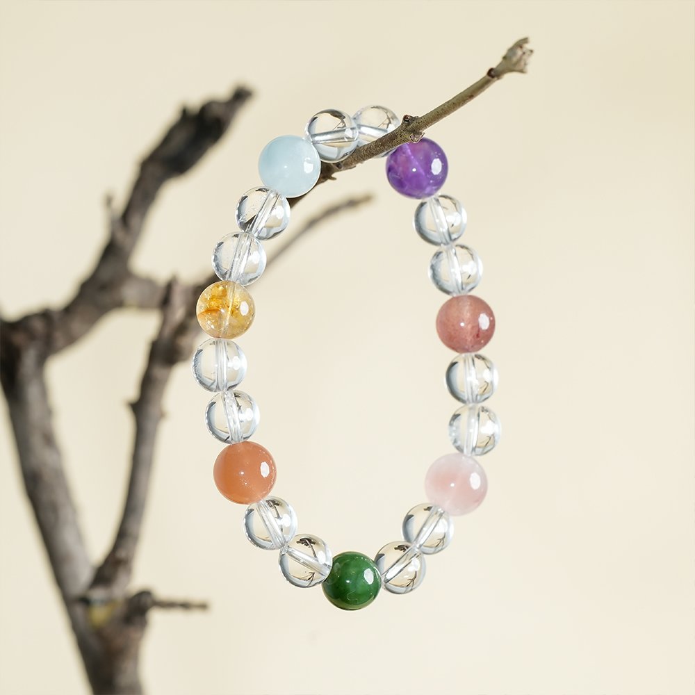 clear quartz multi gem bracelet,amplified intention crystal bracelet,white quartz bracelet,aquamarine citrine amethyst bracelet,rose quartz strawberry quartz bracelet,sunstone Hetian jade bracelet,multi stone crystal bracelet,crystal jewelry gift,TS-112 bracelet