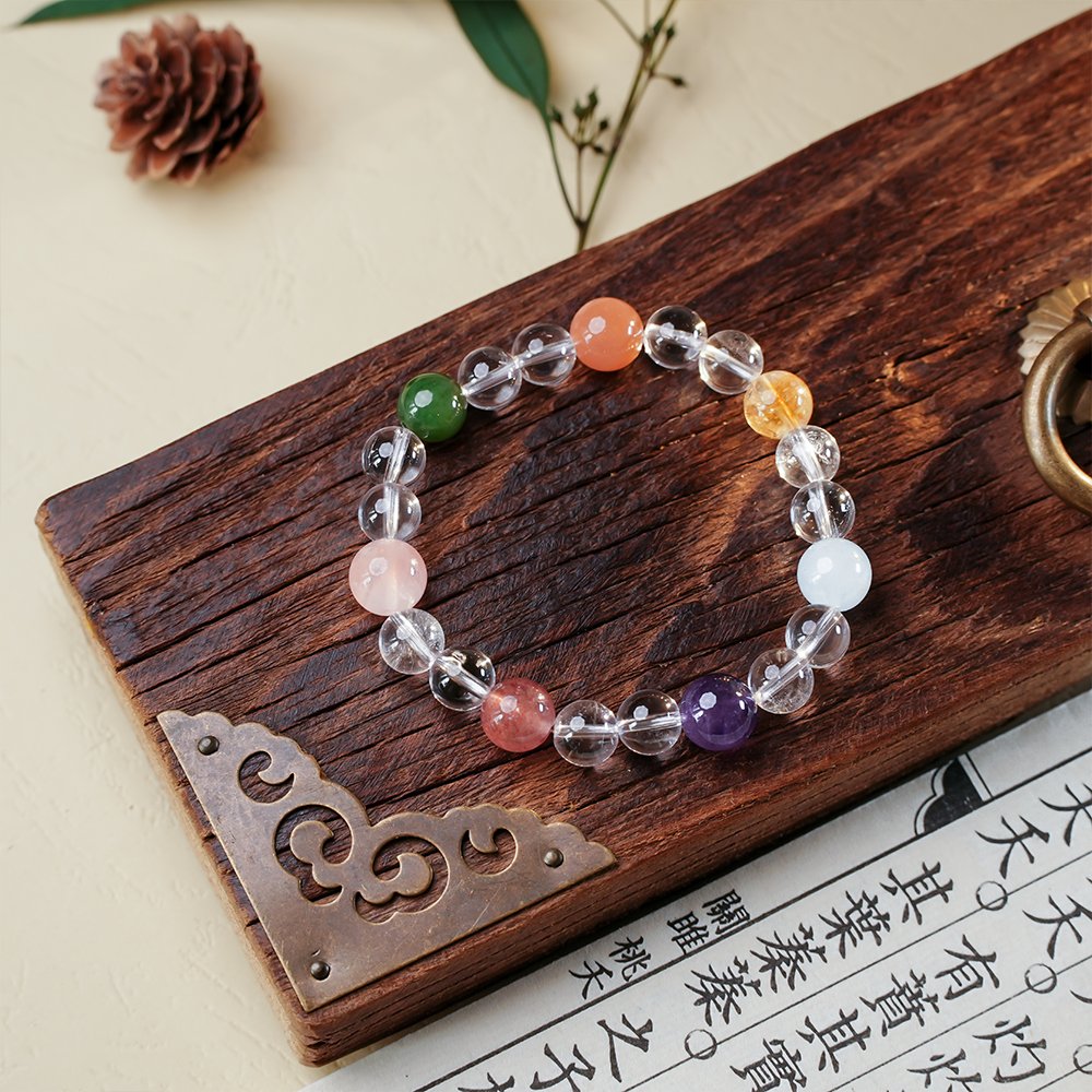 clear quartz multi gem bracelet,amplified intention crystal bracelet,white quartz bracelet,aquamarine citrine amethyst bracelet,rose quartz strawberry quartz bracelet,sunstone Hetian jade bracelet,multi stone crystal bracelet,crystal jewelry gift,TS-112 bracelet