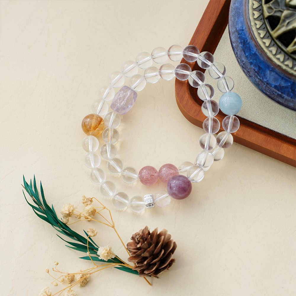 clear quartz multi wrap bracelet,clear quartz multi gem bracelet,cleansing clarity crystal bracelet,white crystal bracelet,aquamarine strawberry quartz bracelet,yellow phantom quartz bracelet,amethyst accent bracelet,multi wrap crystal bracelet,symbolic crystal jewelry,TS-206 bracelet