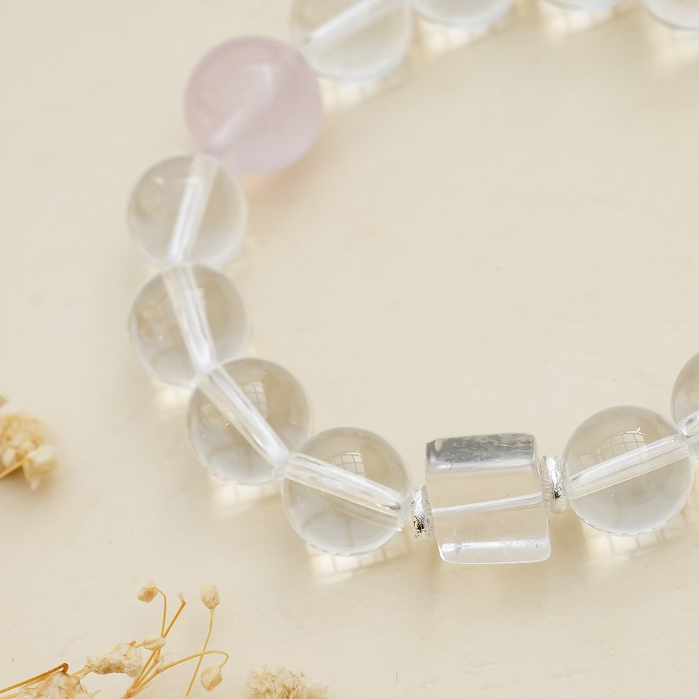 clear quartz rose quartz bracelet,relationship harmony crystal bracelet,clear quartz cube bracelet,rose quartz bracelet,social warmth crystal bracelet,clear thinking bracelet,minimalist crystal jewelry,feminine crystal bracelet,symbolic crystal bracelet