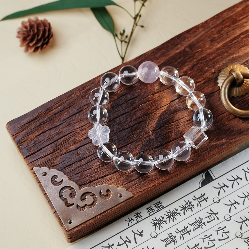 clear quartz rose quartz bracelet,relationship harmony crystal bracelet,clear quartz cube bracelet,rose quartz bracelet,social warmth crystal bracelet,clear thinking bracelet,minimalist crystal jewelry,feminine crystal bracelet,symbolic crystal bracelet