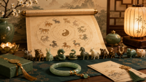Twelve Chinese zodiac animals arranged in a traditional circular calendar design
