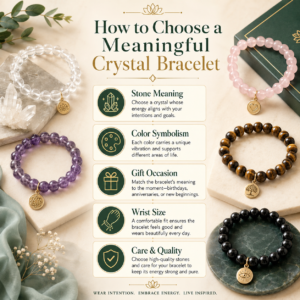 Natural crystal bracelets arranged as meaningful gifts with gemstone symbolism and blessing cards