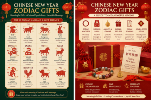 Chinese New Year zodiac gift set with animal bracelet, blessing card, red and gold packaging, and cultural keepsakes