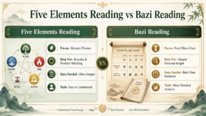Five Elements Reading versus Bazi Reading comparison with Wood Fire Earth Metal Water symbols and a Four Pillars birth chart