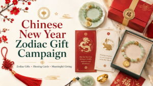 Chinese New Year zodiac gift and blessing card campaign with zodiac bracelets, red and jade gift boxes, blessing cards, and seasonal retail packaging