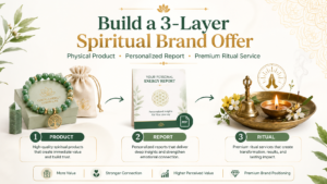 Product report ritual bundle model for spiritual brands showing a bracelet gift box, branded destiny report, blessing card, and ritual service delivery