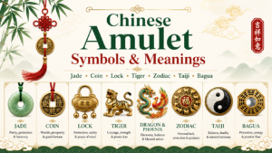 Chinese cultural amulets including jade, brass coin charms, lock-shaped charms, zodiac pendants, and blessing cards arranged on a bright ivory and jade-green background