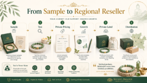 Spiritual product reseller program showing bracelet and crystal samples, partner pricing sheet, blessing cards, branded packaging, and reseller support materials