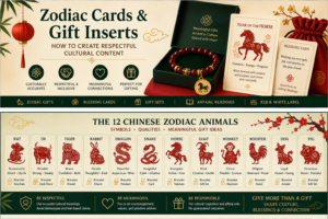 Respectful Chinese zodiac cards and gift inserts displayed with bracelets, blessing cards, and cultural gift packaging