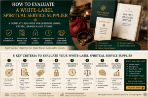 White-label spiritual service supplier evaluation showing branded reports, blessing cards, ritual delivery, privacy, quality control, and B2B partnership criteria