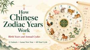 chinese zodiac years explained with the twelve zodiac animals arranged in a circular annual cycle around a bright traditional chinese calendar design