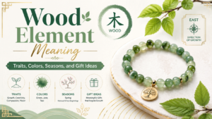 wood element guide showing growth, flexibility, planning, spring, east, green colors, water generating wood, wood generating fire, and meaningful gift ideas
