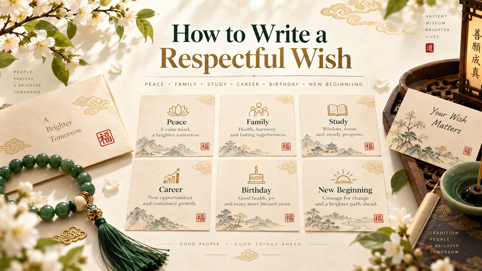 Respectful wish-writing guide with examples for peace, family harmony, study, career reflection, birthdays, new beginnings, and meaningful gifts