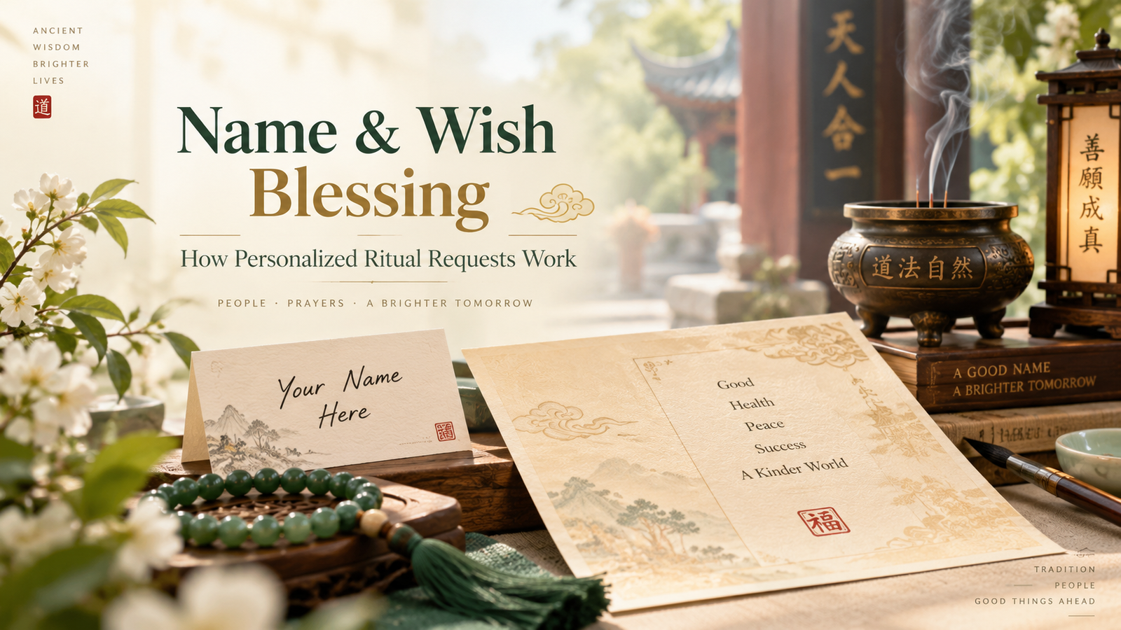 Name and wish blessing ritual request with a handwritten name card, prayer beads, incense, soft temple details, and a bright ivory and jade-green setting