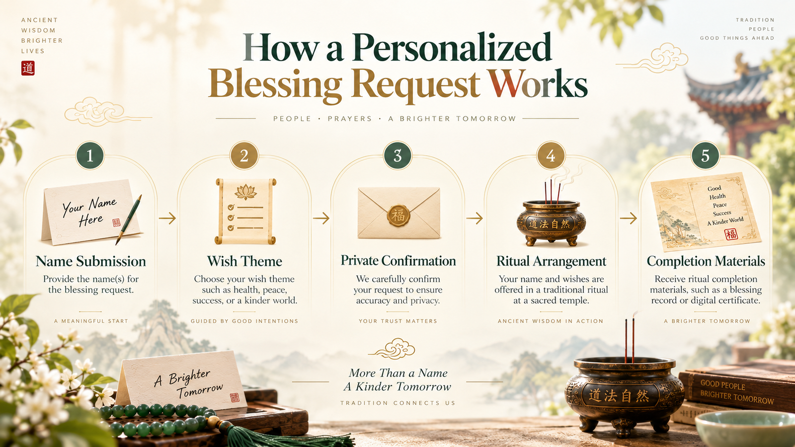 Personalized blessing request process showing name submission, wish theme, private confirmation, ritual arrangement, and completion materials